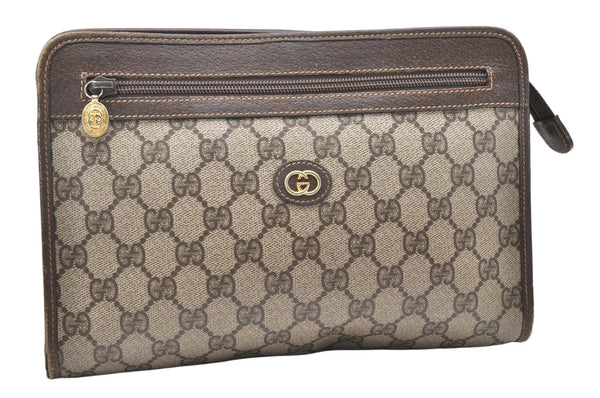 Authentic GUCCI Vintage Clutch Hand Bag Purse GG PVC Leather Brown 3140K