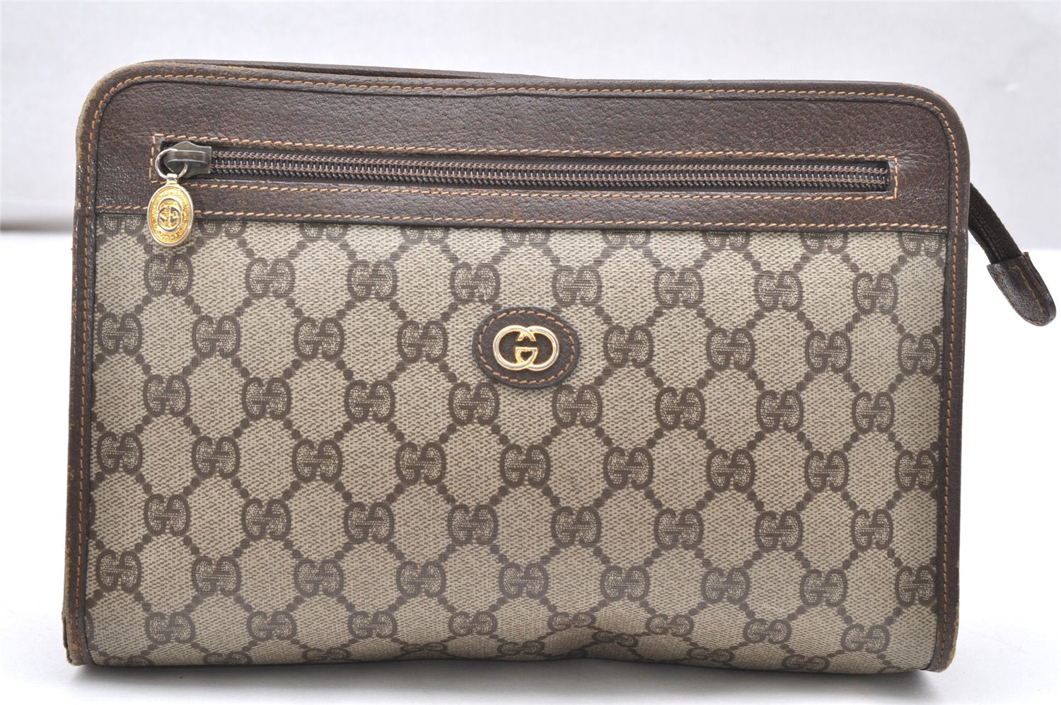 Authentic GUCCI Vintage Clutch Hand Bag Purse GG PVC Leather Brown 3140K