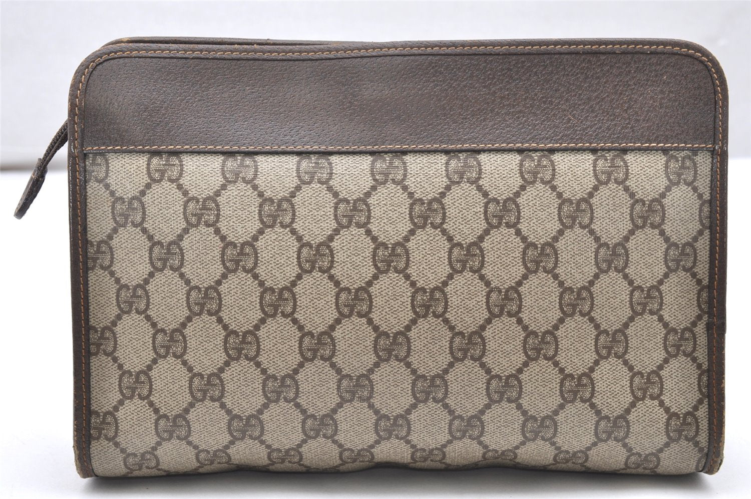 Authentic GUCCI Vintage Clutch Hand Bag Purse GG PVC Leather Brown 3140K