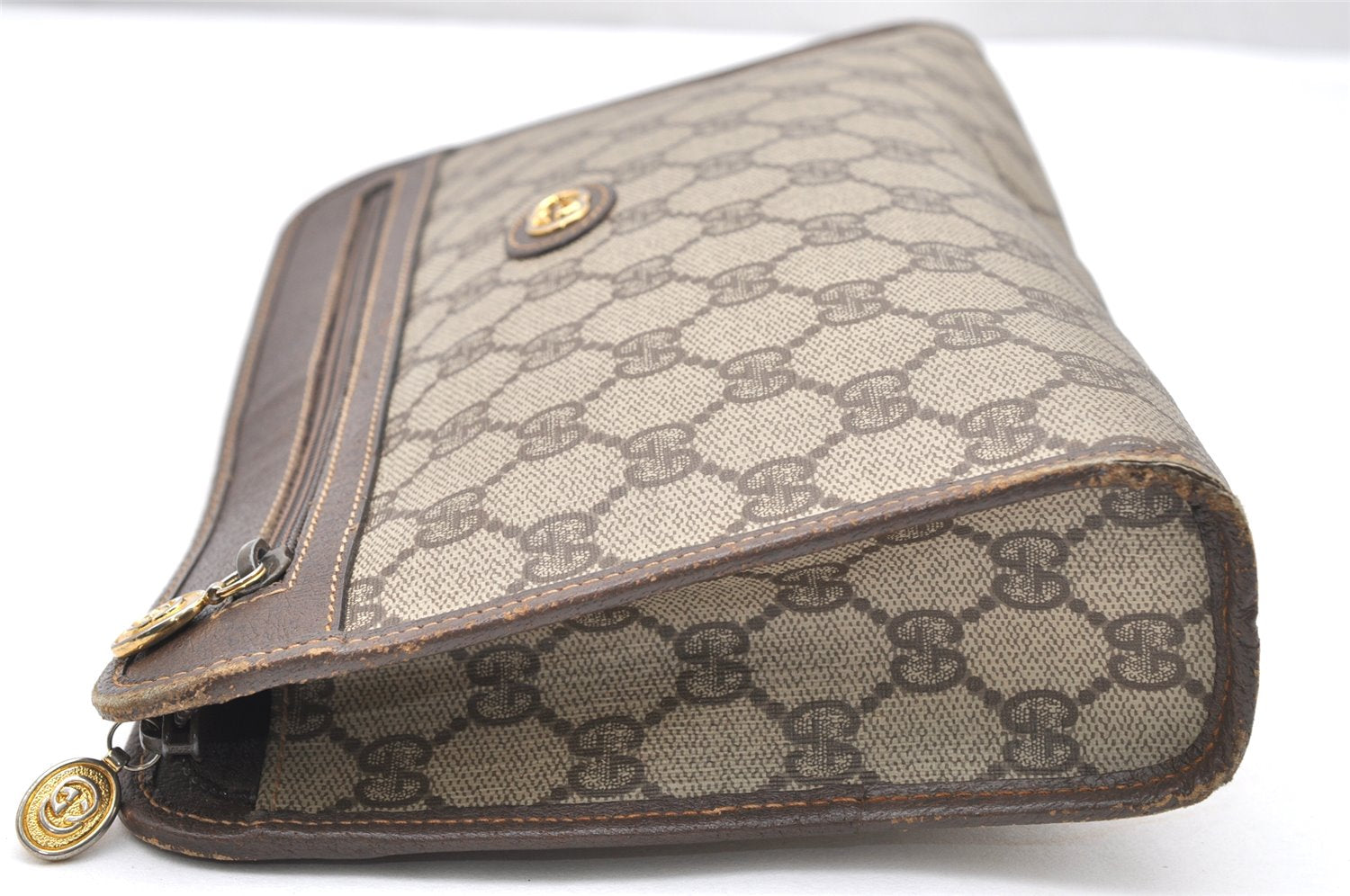 Authentic GUCCI Vintage Clutch Hand Bag Purse GG PVC Leather Brown 3140K