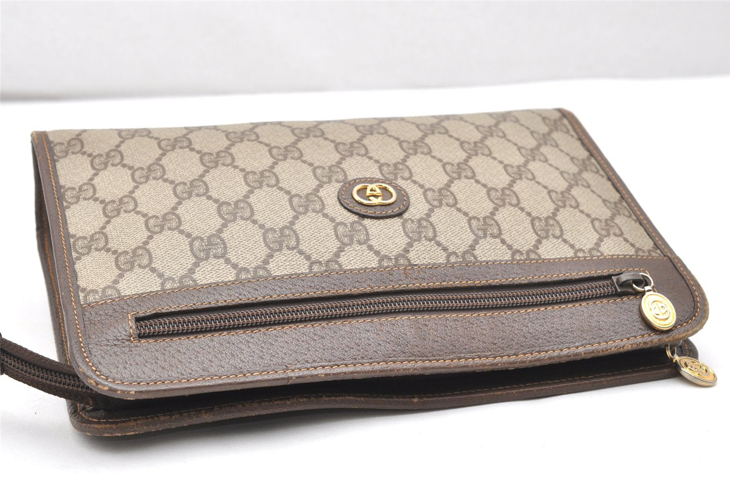 Authentic GUCCI Vintage Clutch Hand Bag Purse GG PVC Leather Brown 3140K