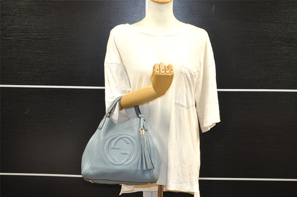 Authentic GUCCI SOHO Tassel 2Way Hand Tote Bag Leather 336751 Light Blue 3141I