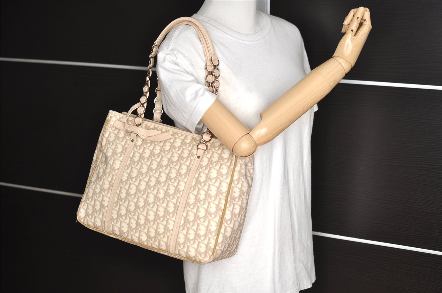 Authentic Christian Dior Trotter Romantic Tote Bag PVC Leather Beige 3150I