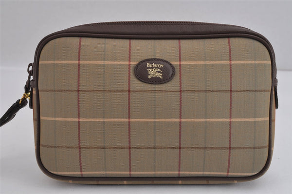 Authentic Burberrys Vintage Check Canvas Leather Clutch Hand Bag Khaki 3151J