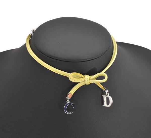 Authentic Christian Dior Choker Necklace Leather Light Green Silver Box 3151K