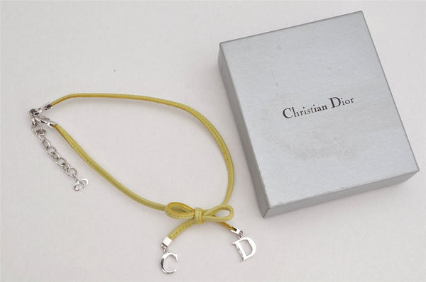 Authentic Christian Dior Choker Necklace Leather Light Green Silver Box 3151K