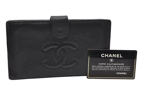 Authentic CHANEL Caviar Skin CC Logo Long Wallet Purse Black 3157K