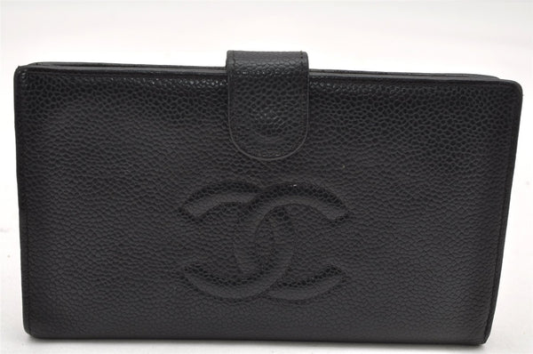 Authentic CHANEL Caviar Skin CC Logo Long Wallet Purse Black 3157K