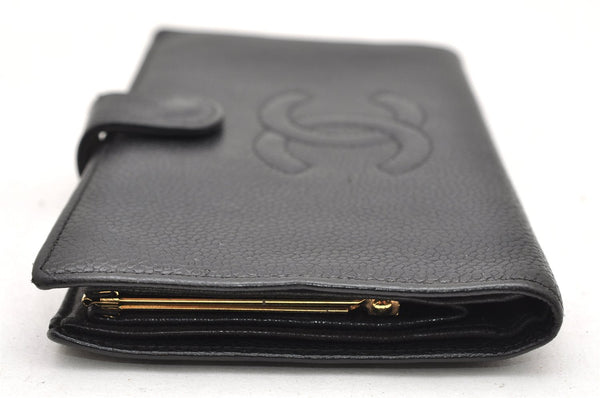 Authentic CHANEL Caviar Skin CC Logo Long Wallet Purse Black 3157K