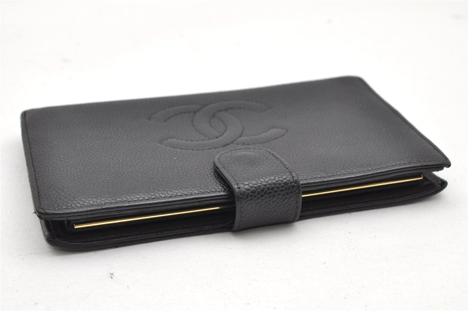 Authentic CHANEL Caviar Skin CC Logo Long Wallet Purse Black 3157K