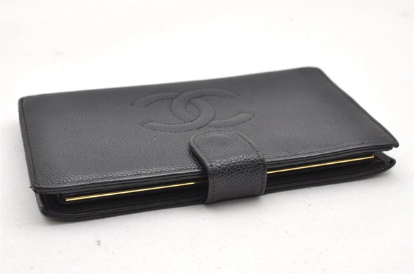 Authentic CHANEL Caviar Skin CC Logo Long Wallet Purse Black 3157K