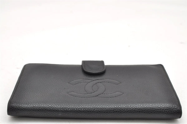 Authentic CHANEL Caviar Skin CC Logo Long Wallet Purse Black 3157K