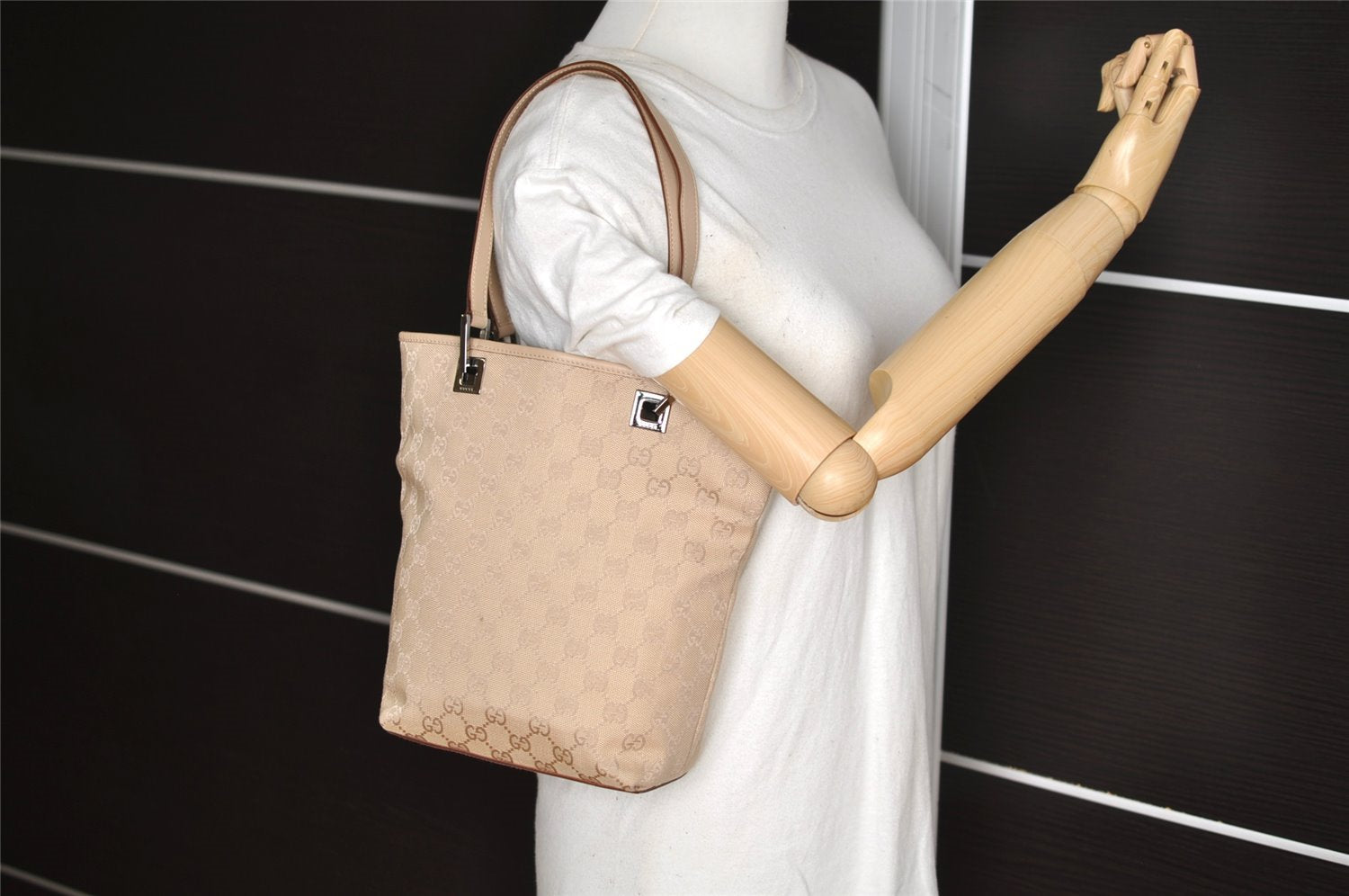 Authentic GUCCI Shoulder Tote Bag Purse GG Canvas Leather 31244 Beige 3159I