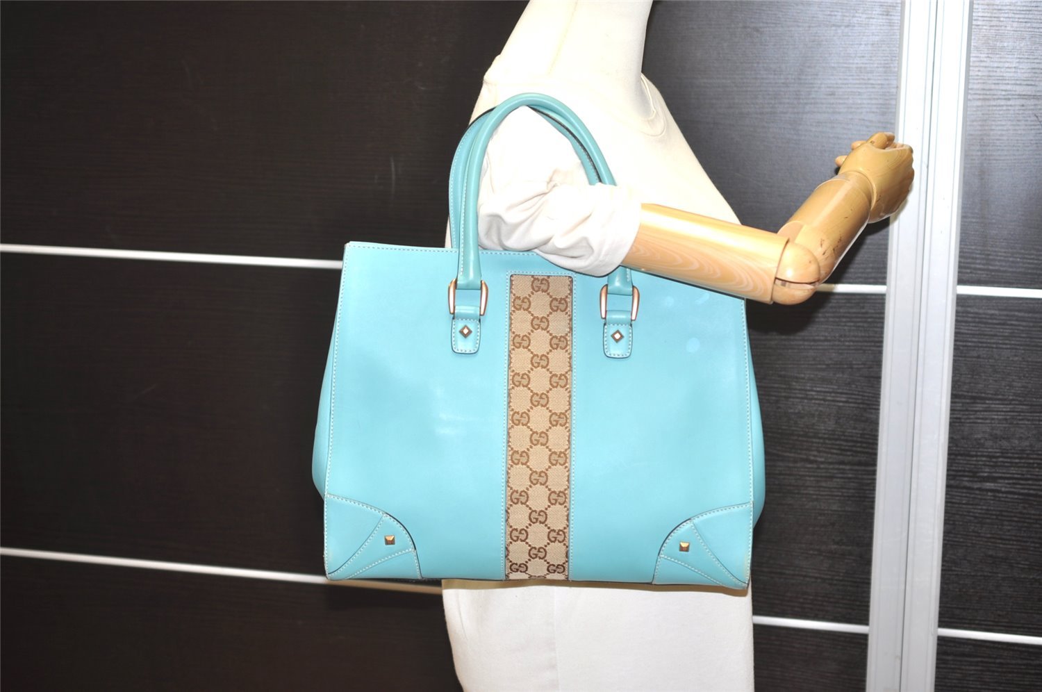Authentic GUCCI Vintage Hand Tote Bag Leather Canvas 120897 Light Blue 3160I