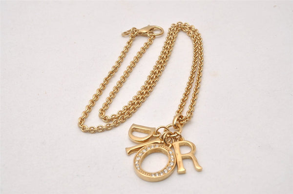 Authentic Christian Dior Gold Tone Rhinestone Chain Pendant Necklace Box 3161I