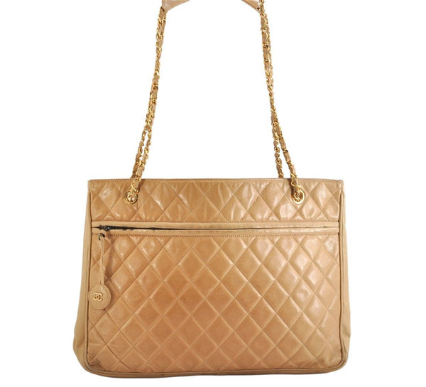 Authentic CHANEL Vintage Calf Skin Matelasse Chain Shoulder Tote Bag Beige 3163M