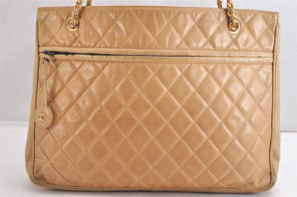 Authentic CHANEL Vintage Calf Skin Matelasse Chain Shoulder Tote Bag Beige 3163M