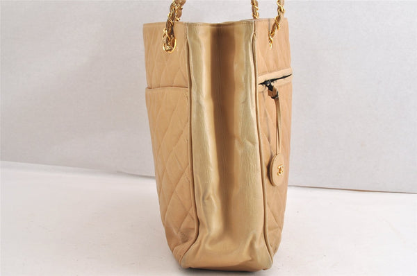 Authentic CHANEL Vintage Calf Skin Matelasse Chain Shoulder Tote Bag Beige 3163M