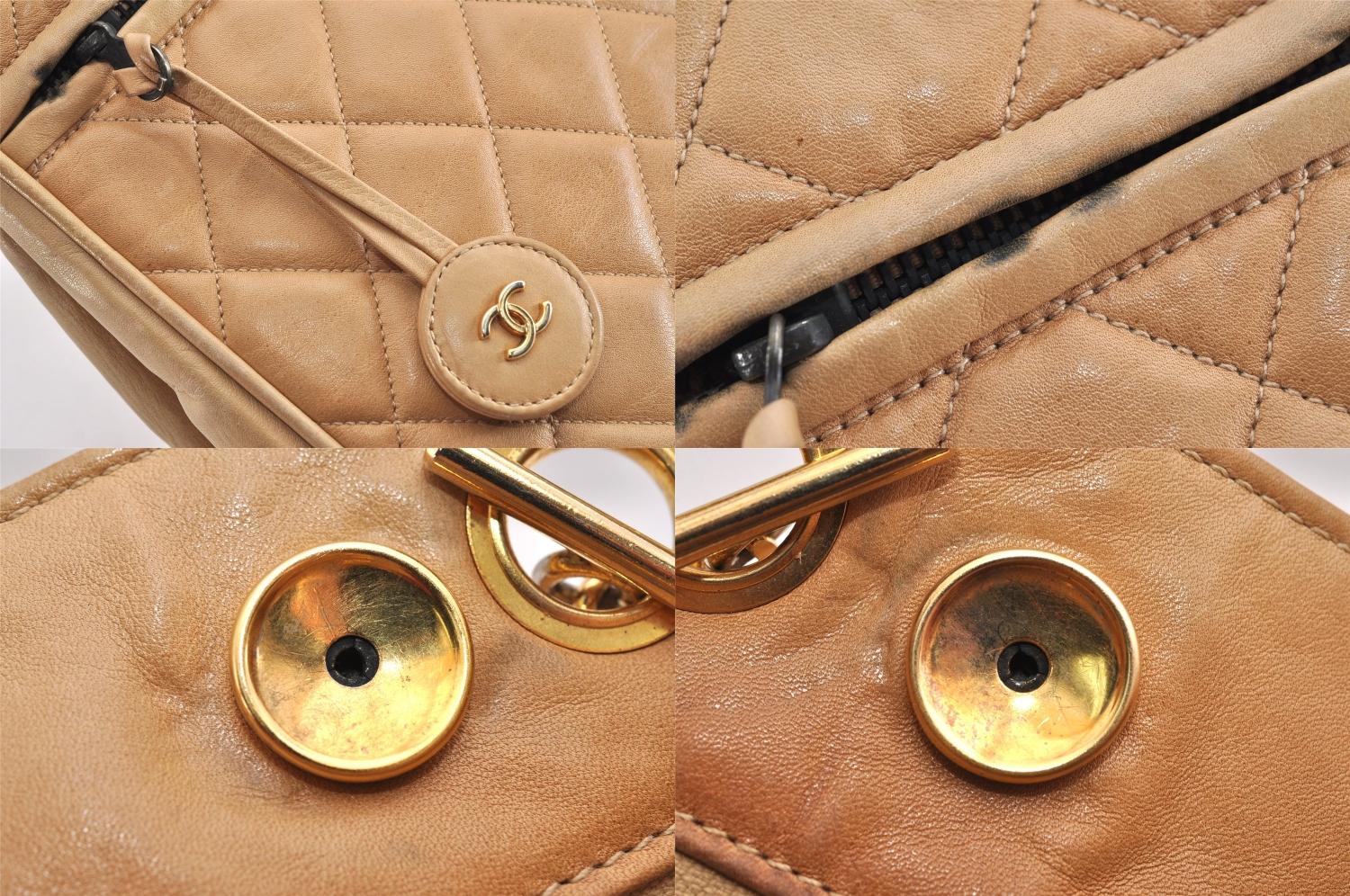 Authentic CHANEL Vintage Calf Skin Matelasse Chain Shoulder Tote Bag Beige 3163M