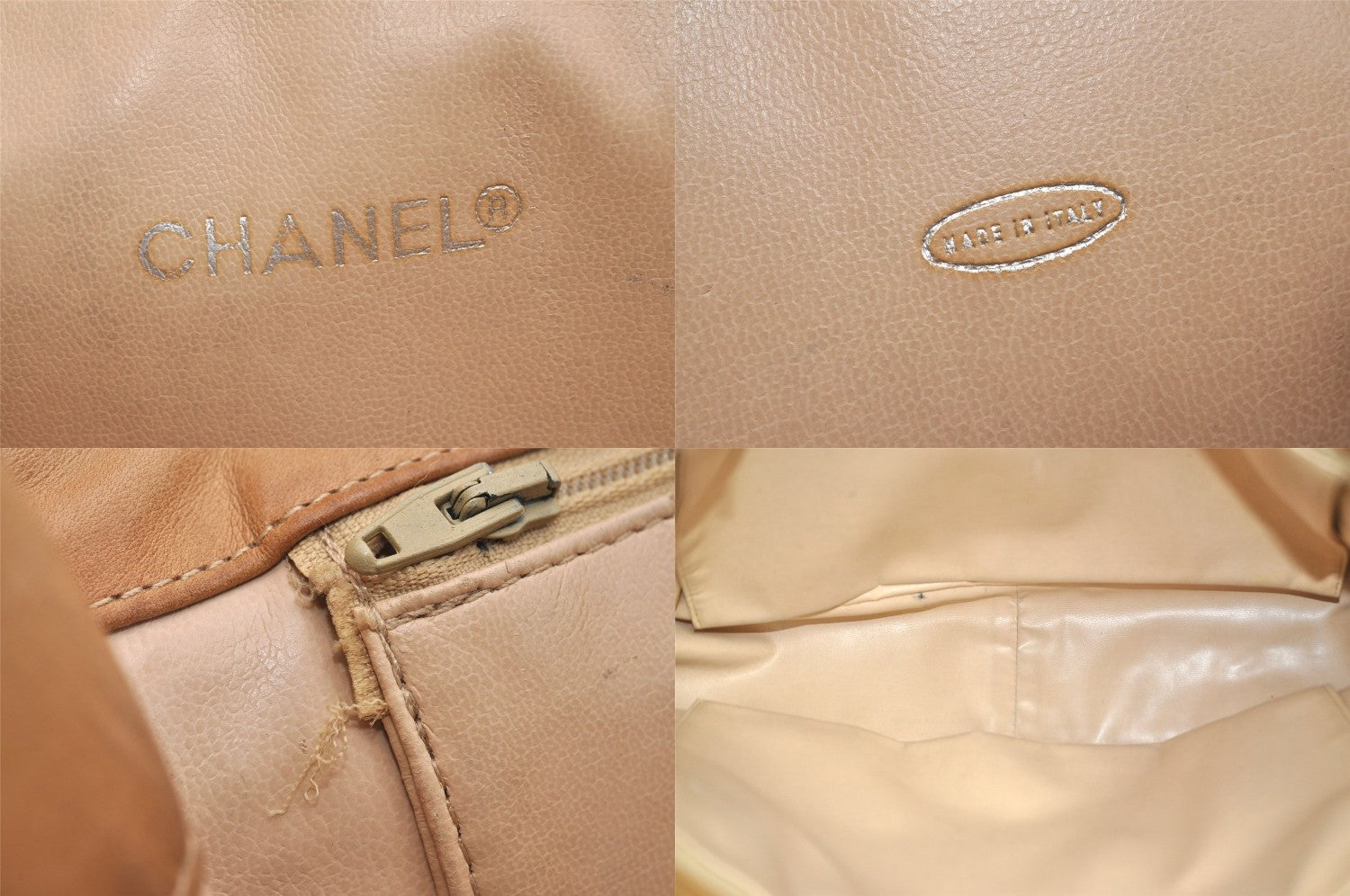 Authentic CHANEL Vintage Calf Skin Matelasse Chain Shoulder Tote Bag Beige 3163M