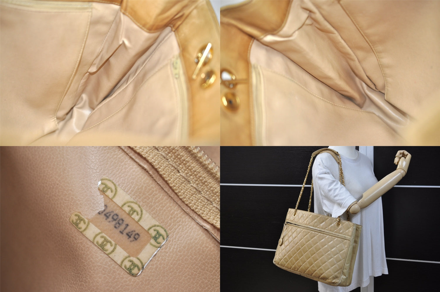 Authentic CHANEL Vintage Calf Skin Matelasse Chain Shoulder Tote Bag Beige 3163M