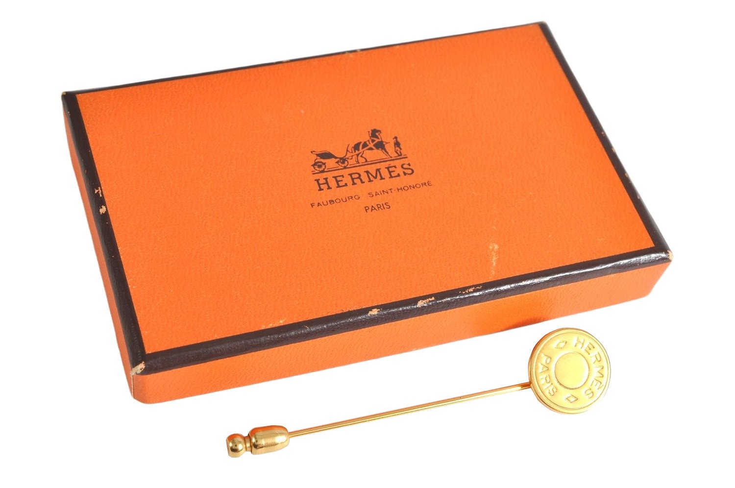 Authe HERMES Sellier Bijouterie Fantaisie Pin Brooch Accessory Gold Box 3165K