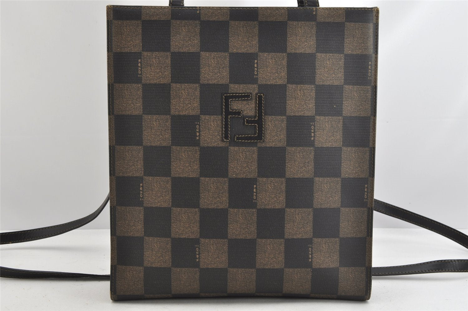 Authentic FENDI Vitange Pequin Check 2Way Backpack PVC Leather Brown Black 3174K