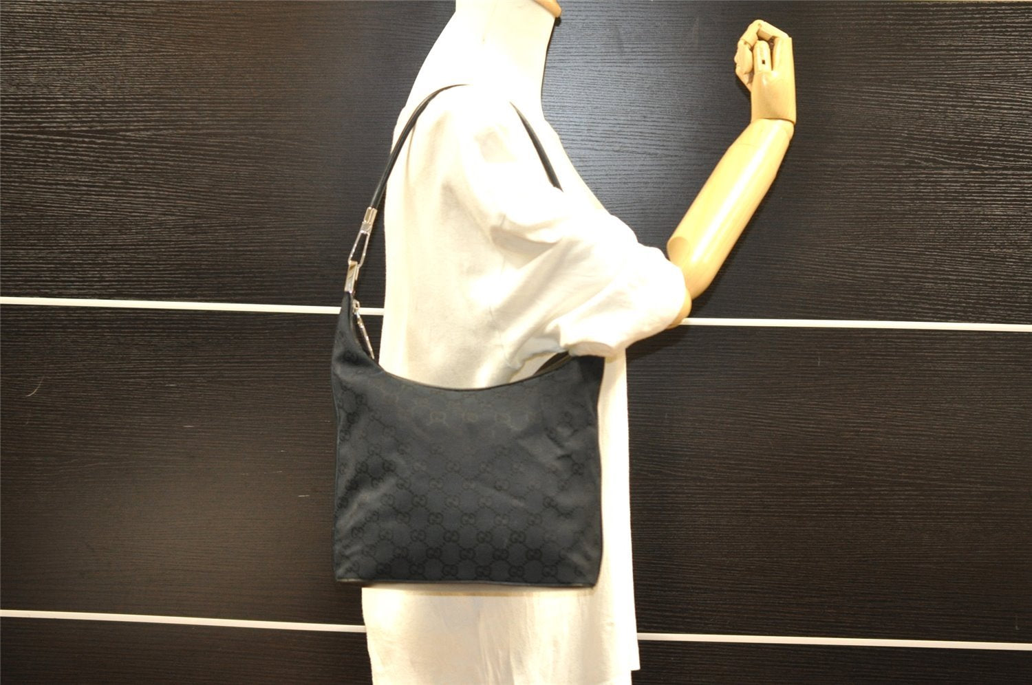 Authentic GUCCI Shoulder Hand Bag GG Canvas Leather 0013814 Black 3177I