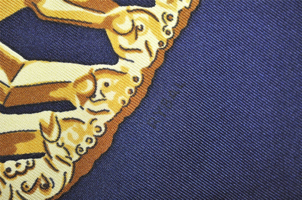 Authentic HERMES Carre 90 Scarf "LES CAVALIERS D'OR" Silk Navy Blue 3180K