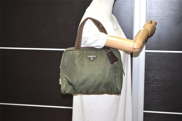 Authentic PRADA Vintage Nylon Tessuto Leather Hand Bag Purse Khaki Green 3181I