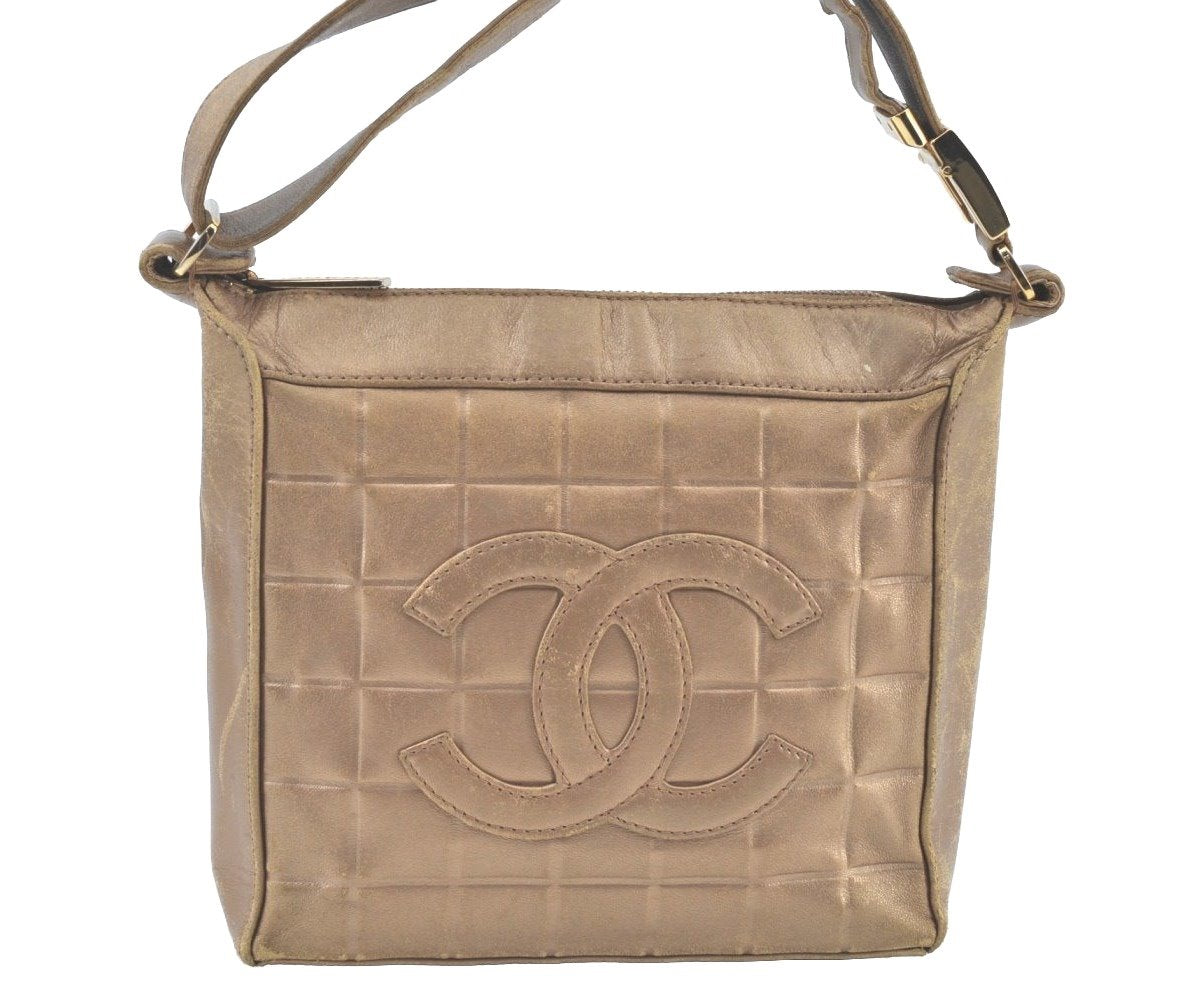 Authentic CHANEL Chocolate Bar Calf Skin CC Logo Shoulder Hand Bag Gold 3181J