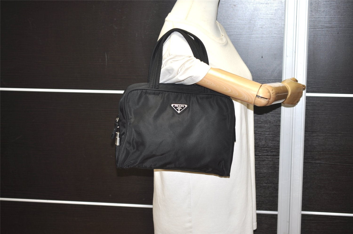 Authentic PRADA Vintage Nylon Tessuto Leather Shoulder Hand Tote Bag Black 3182I