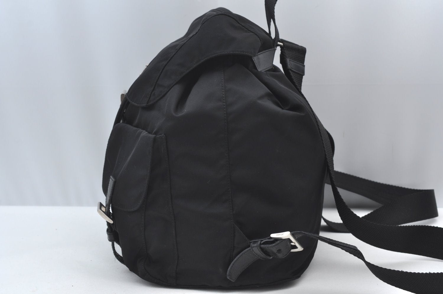 Authentic PRADA Vintage Nylon Tessuto Leather Drawstring Backpack Black 3184J