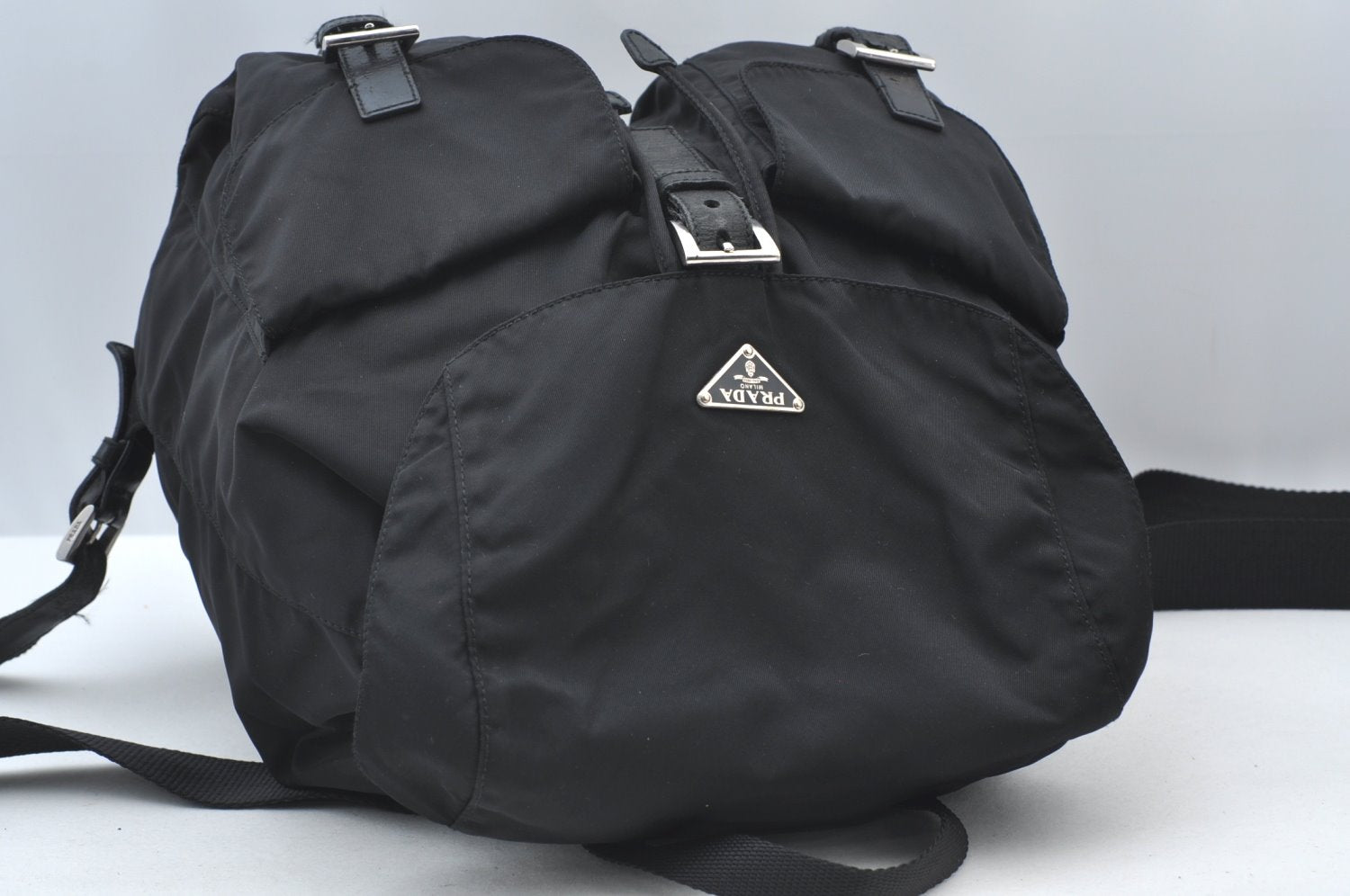 Authentic PRADA Vintage Nylon Tessuto Leather Drawstring Backpack Black 3184J