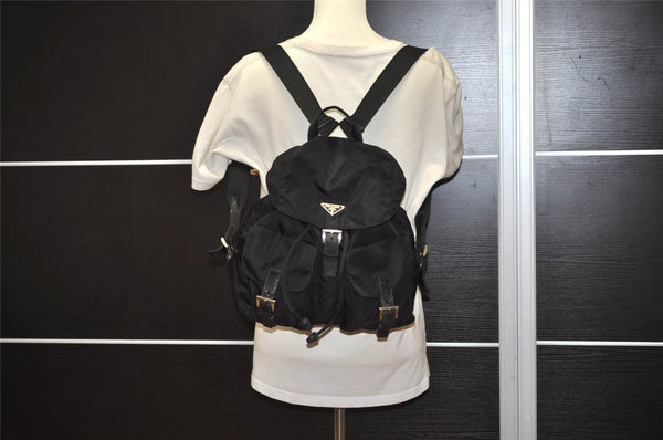 Authentic PRADA Vintage Nylon Tessuto Leather Drawstring Backpack Black 3184J
