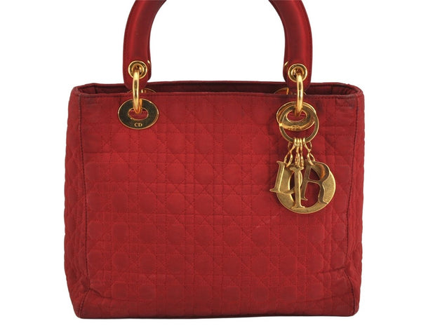 Authentic Christian Dior Lady Dior Nylon Cannage Hand Bag Purse Red Junk 3184K