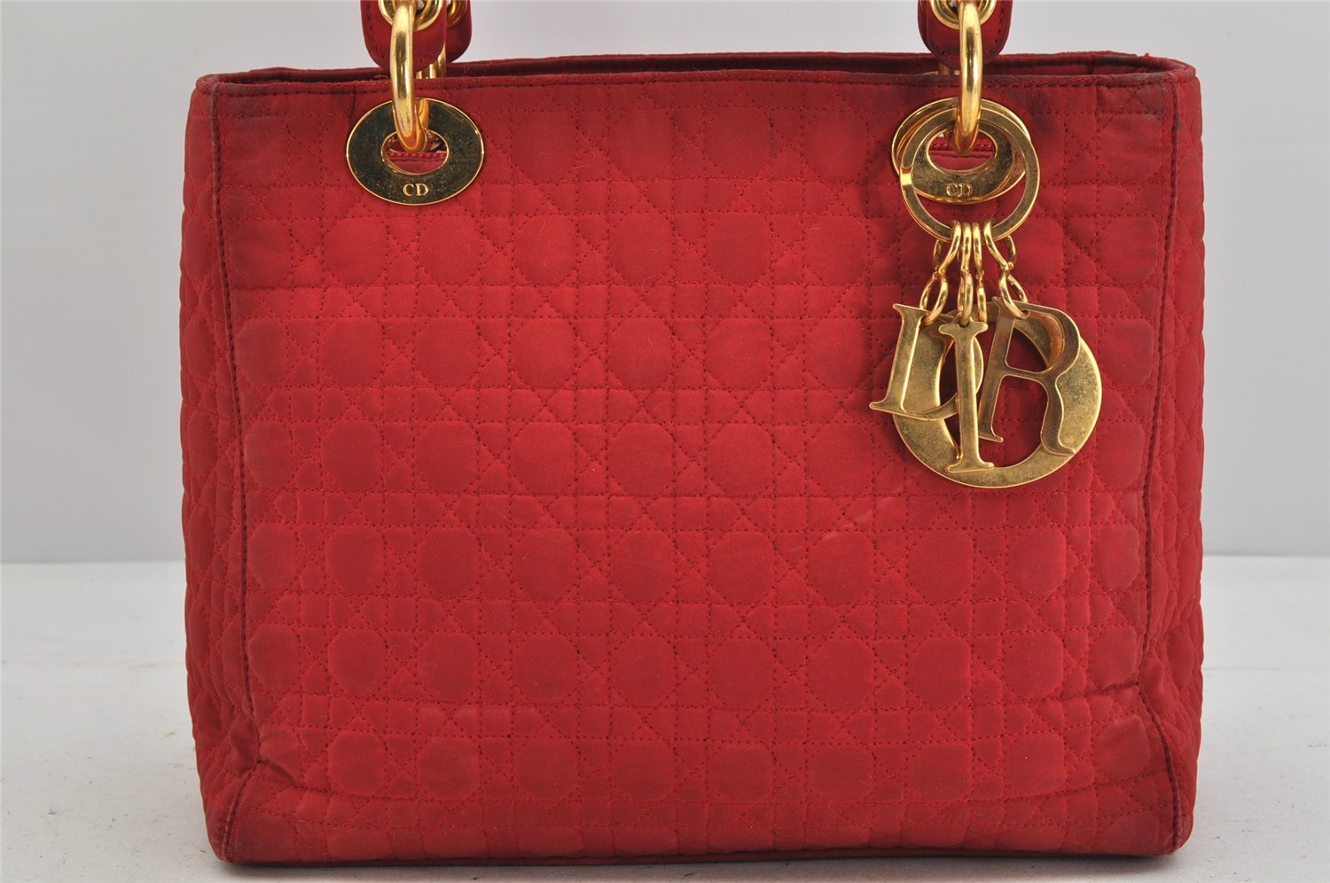 Authentic Christian Dior Lady Dior Nylon Cannage Hand Bag Purse Red Junk 3184K