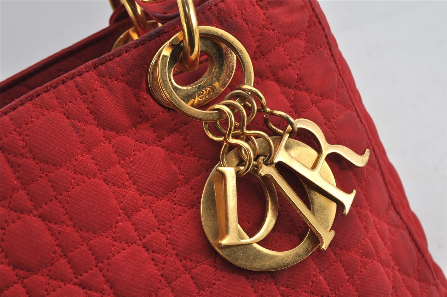 Authentic Christian Dior Lady Dior Nylon Cannage Hand Bag Purse Red Junk 3184K