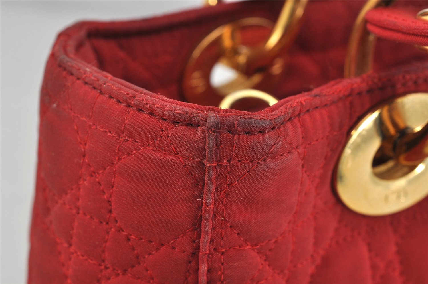 Authentic Christian Dior Lady Dior Nylon Cannage Hand Bag Purse Red Junk 3184K