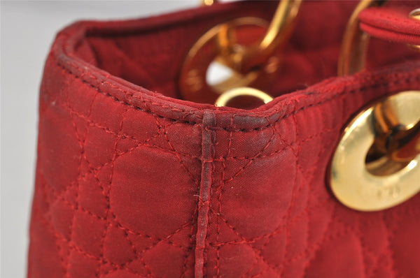 Authentic Christian Dior Lady Dior Nylon Cannage Hand Bag Purse Red Junk 3184K