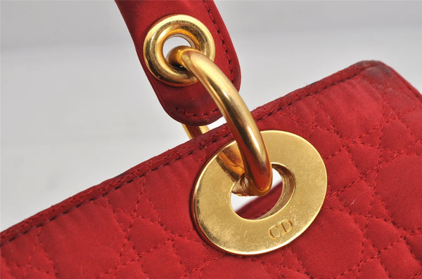 Authentic Christian Dior Lady Dior Nylon Cannage Hand Bag Purse Red Junk 3184K