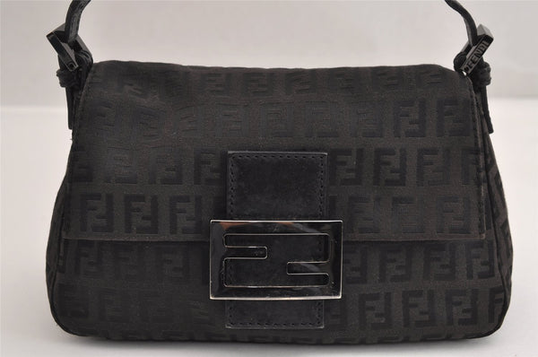 Authentic FENDI Zucchino Mamma Baguette Shoulder Bag Canvas Leather Black 3186J