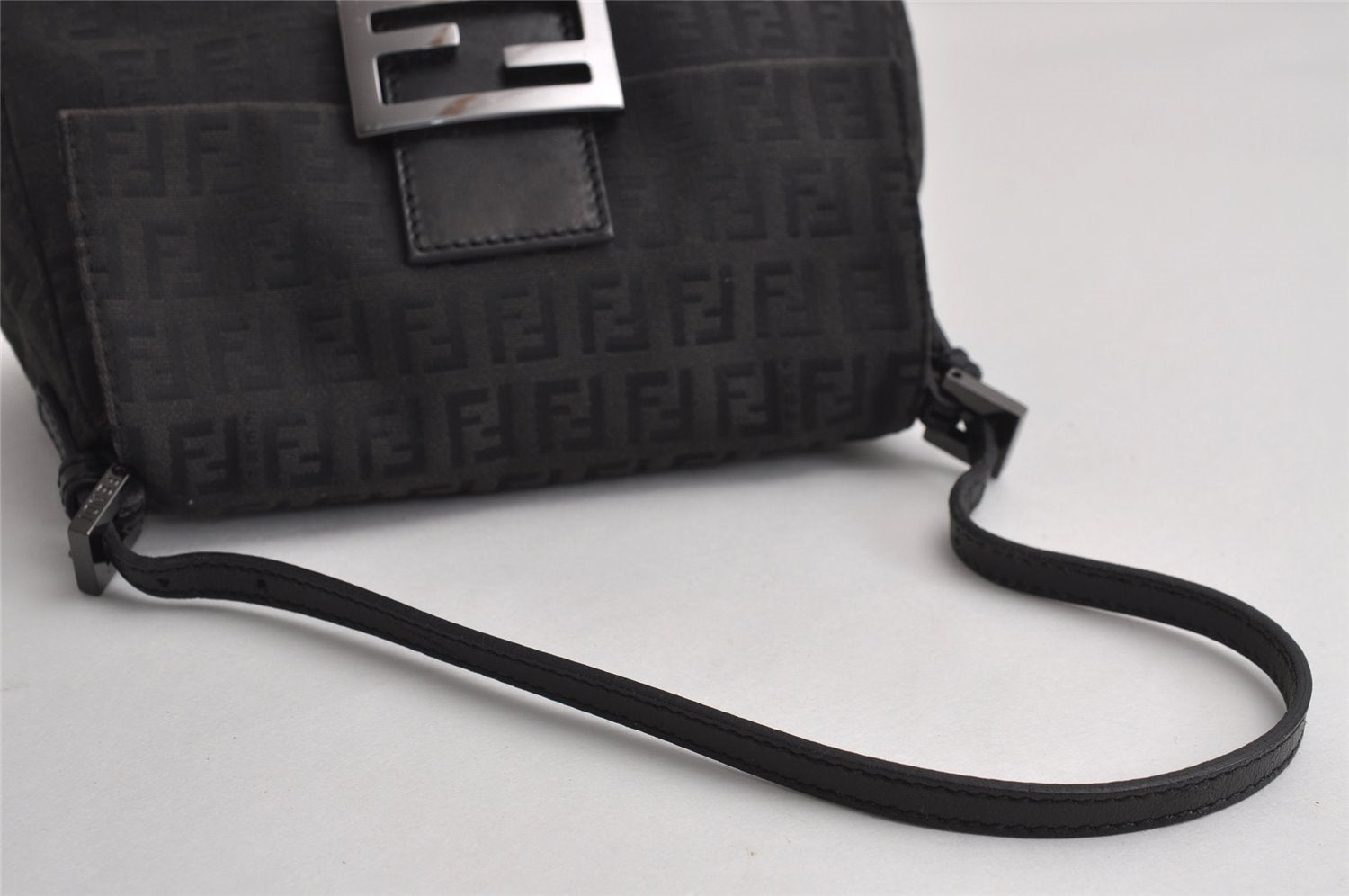 Authentic FENDI Zucchino Mamma Baguette Shoulder Bag Canvas Leather Black 3186J