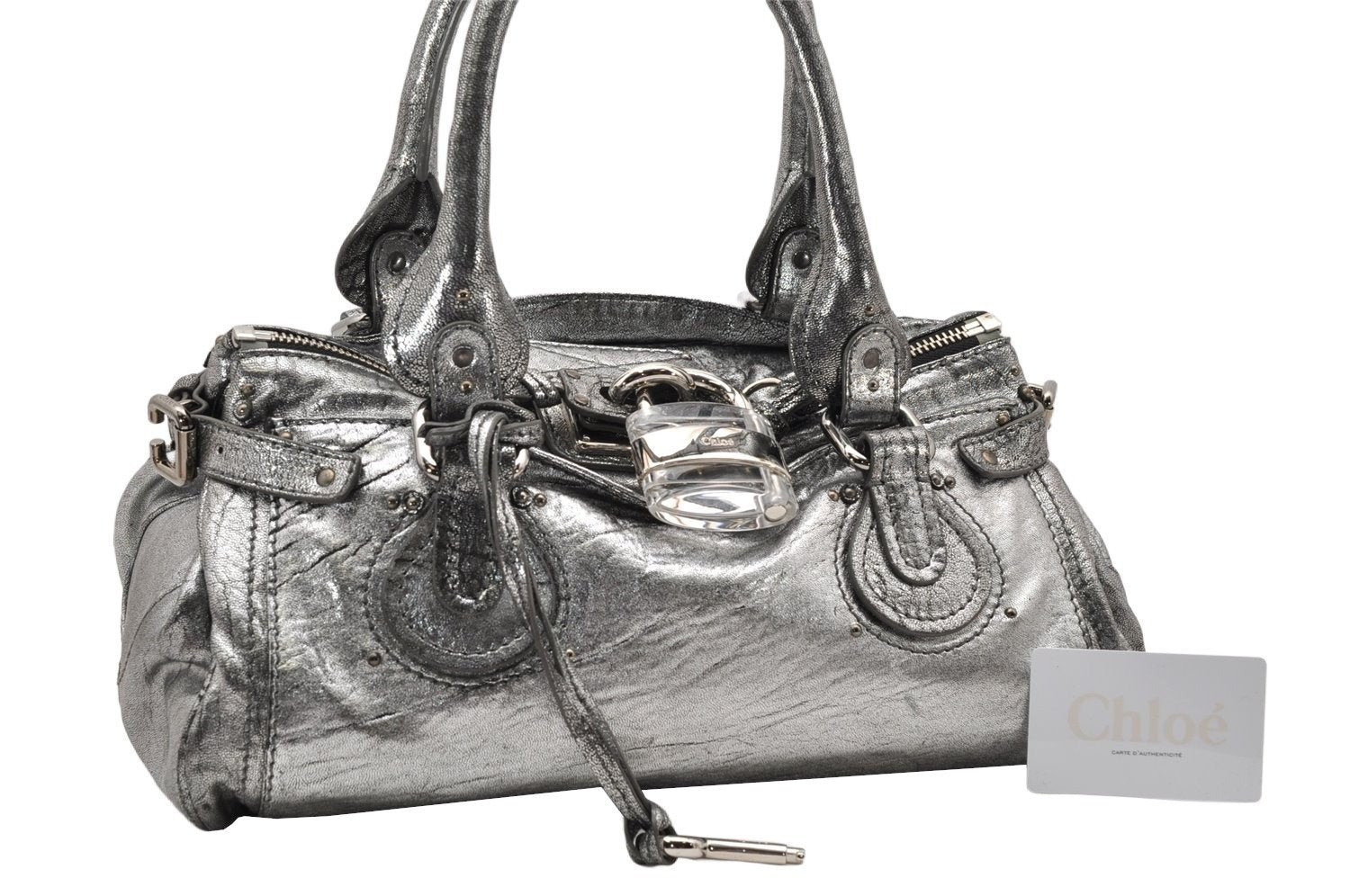 Authentic Chloe Vintage Paddington Leather Shoulder Hand Bag Silver 3187K