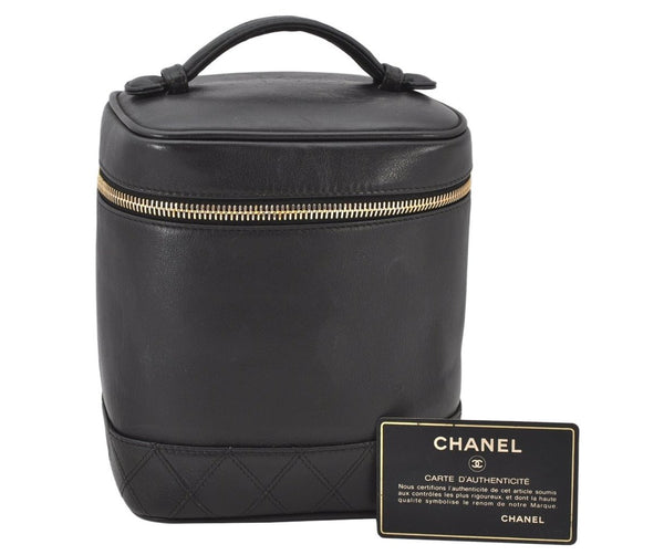 Authentic CHANEL Vintage Calf Skin Bicolore Vanity Hand Bag Purse Black CC 3188K