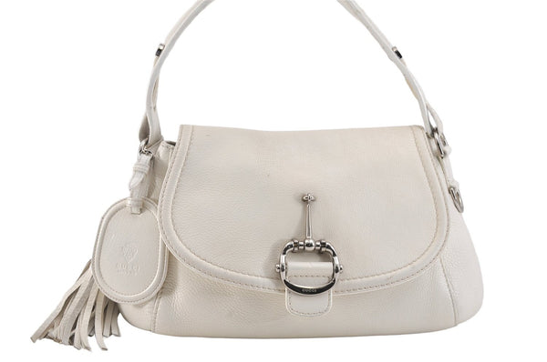 Authentic GUCCI Bamboo Horsebit Shoulder Hand Bag Leather 240266 White 3189K
