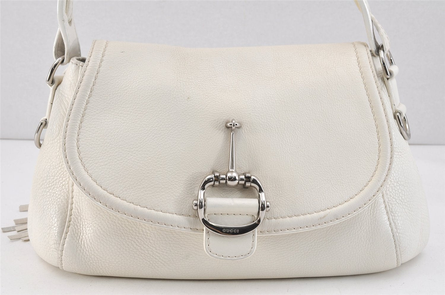 Authentic GUCCI Bamboo Horsebit Shoulder Hand Bag Leather 240266 White 3189K