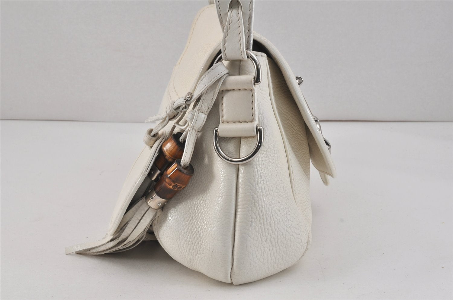 Authentic GUCCI Bamboo Horsebit Shoulder Hand Bag Leather 240266 White 3189K