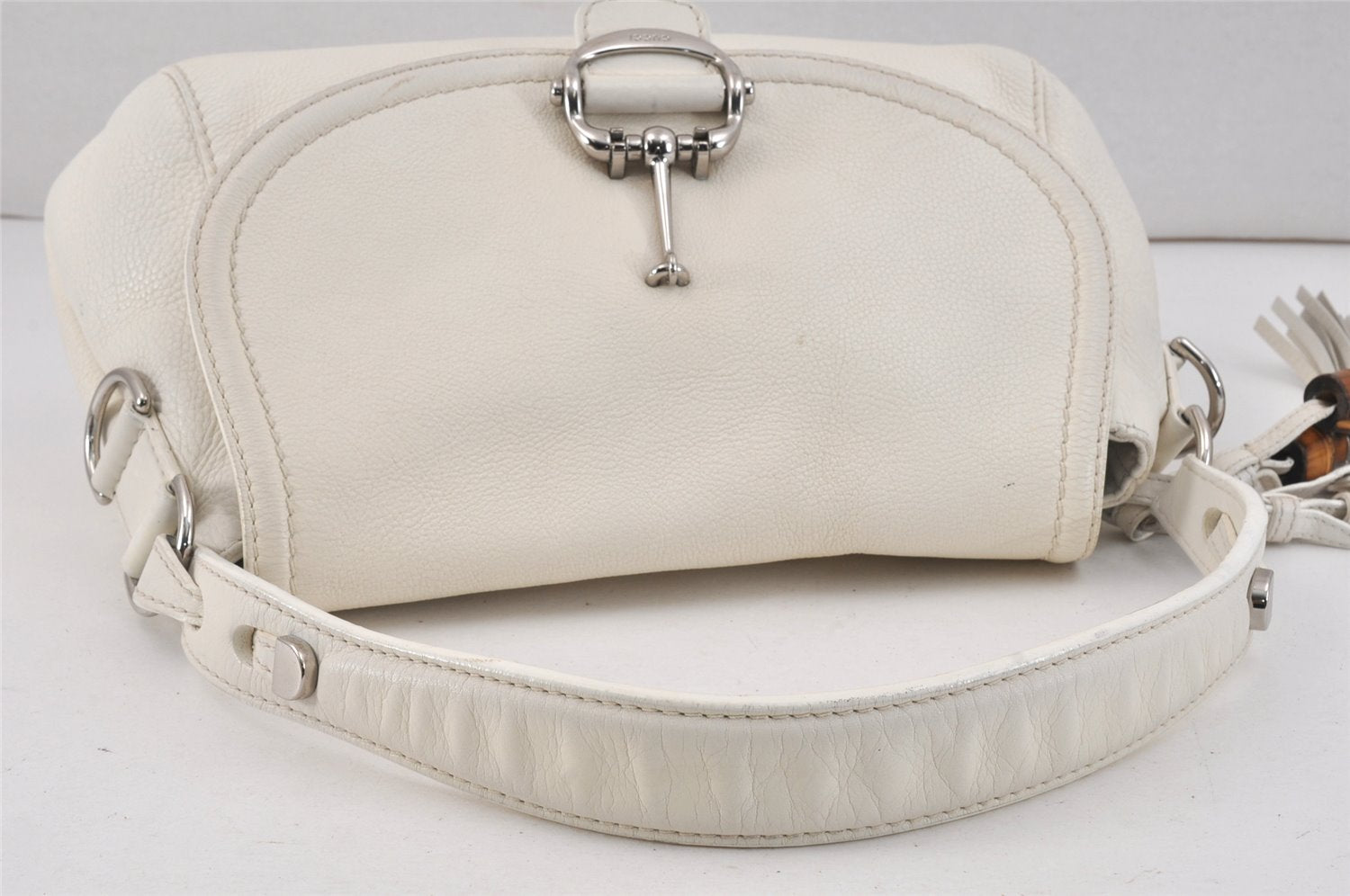 Authentic GUCCI Bamboo Horsebit Shoulder Hand Bag Leather 240266 White 3189K