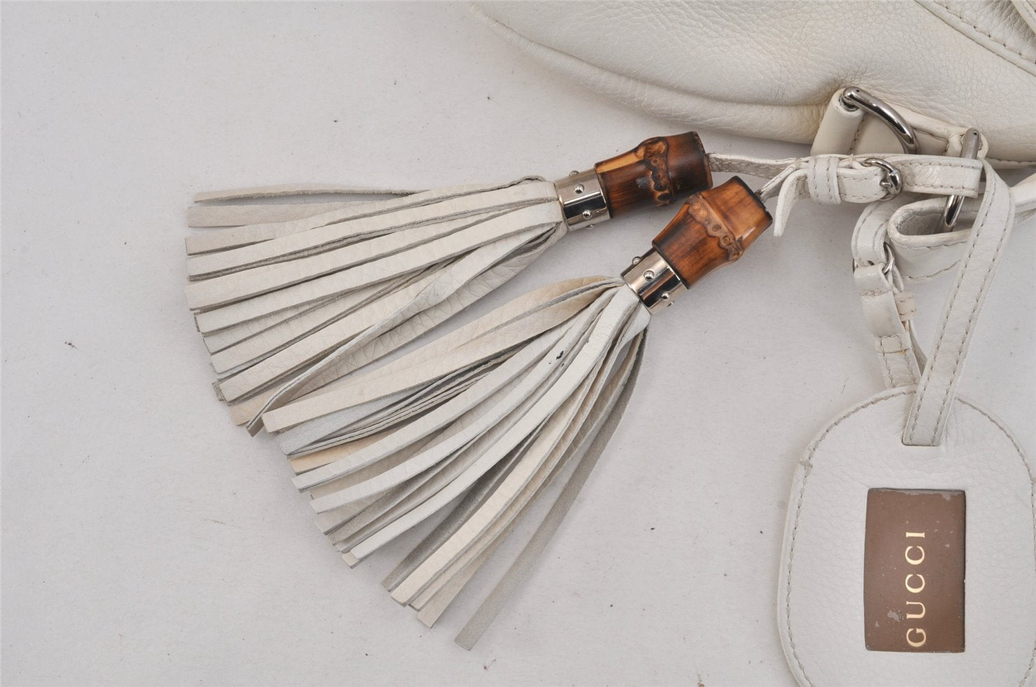 Authentic GUCCI Bamboo Horsebit Shoulder Hand Bag Leather 240266 White 3189K